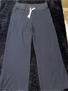 Pact Women L Black Organic Cotton Waffle Knit Wide Leg Drawstring Pants